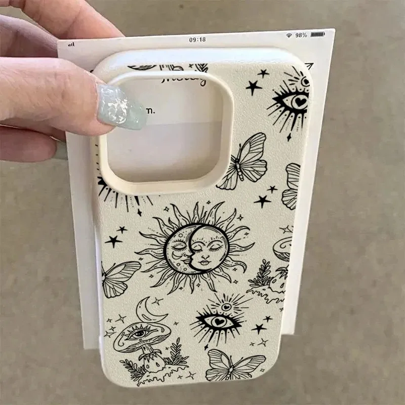 Retro Sun Moon Eye Lychee Texture Case For iPhone 17 16 15 14 Plus 13 12 11 Pro MAX 17 Air Shockproof Soft Bumper Phone Cover