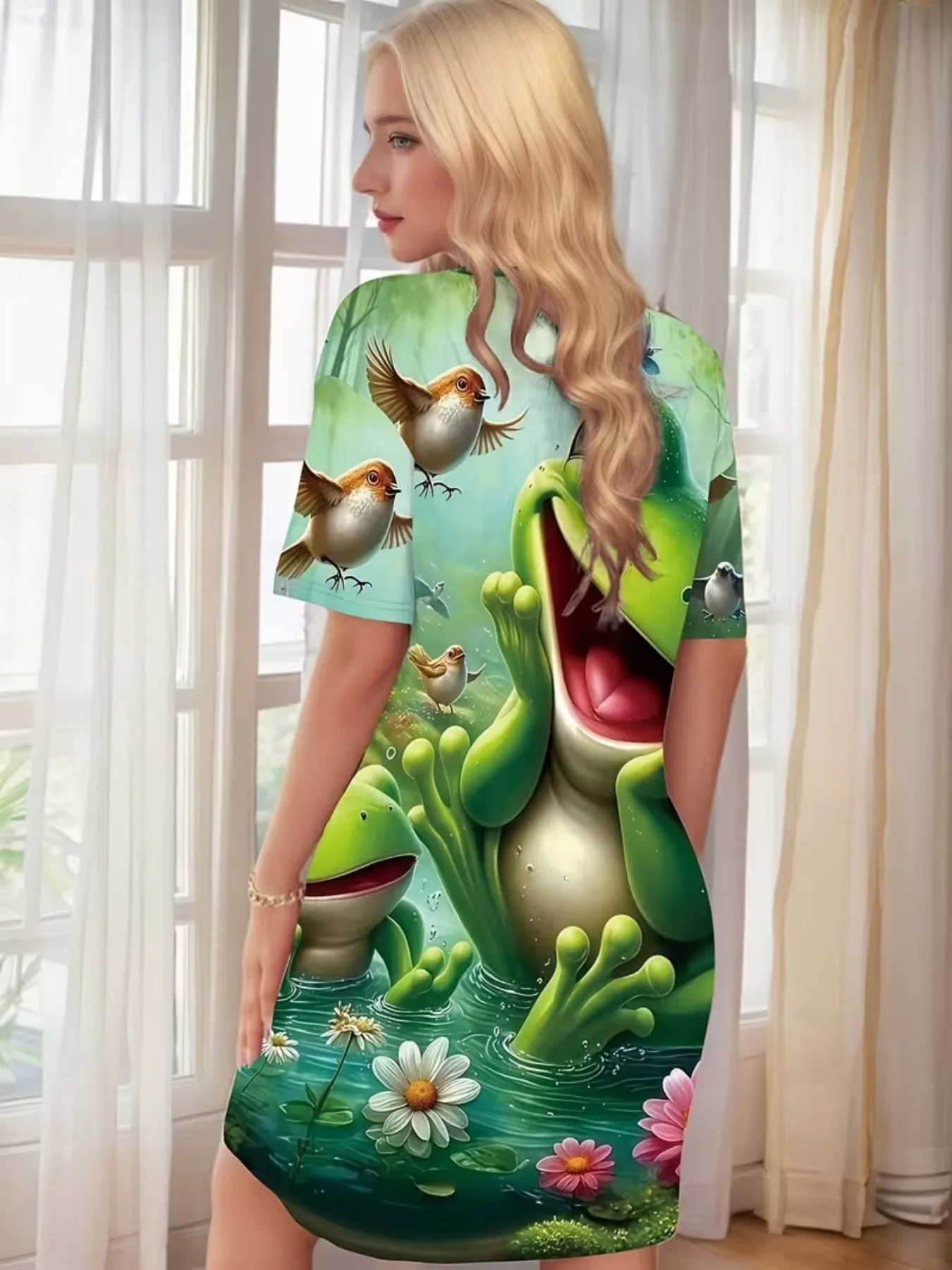 Green Field Pond Happy Frog Daisy Flower Bird Pattern Women's Round Neck Short Sleeve Home Nightgown Dress