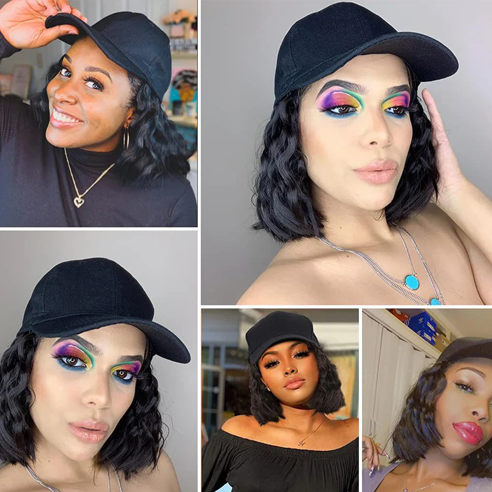 Adjustable Short Wavy Bob Hat Sythetic Wig For Women Hair Extensions Baseball Cap High Temperature Fiber Water Wave Wig