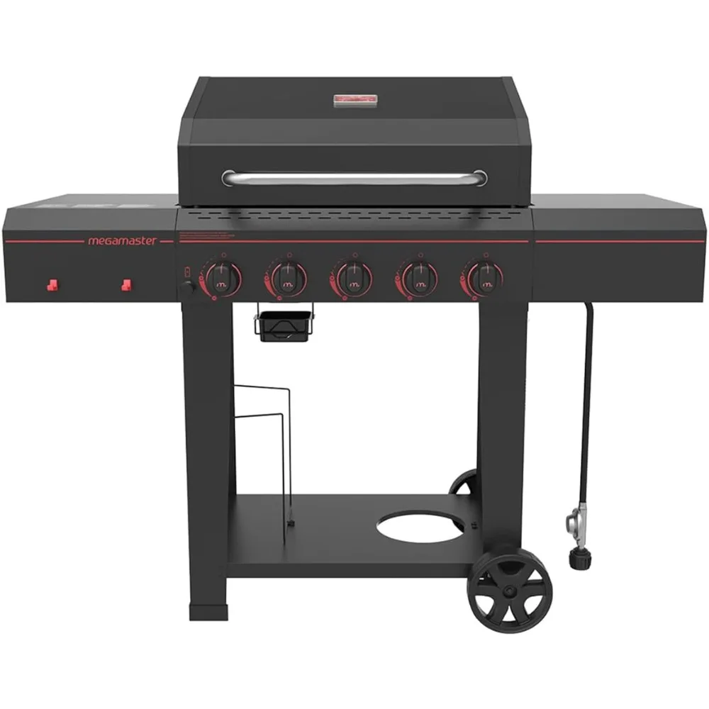 5 Burner Propane Barbecue Gas Grill, Side Shelves with Hooks, for Outdoor Cooking, Patio, Garden Barbecue Grill