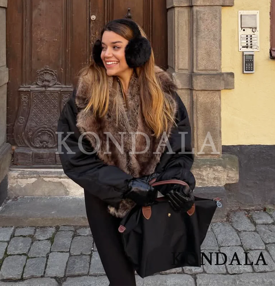 

KONDALA Trendy Fur Collar Bomber Jacket Women Casual Chic Faux Fur Lapel Padding Jacket 2025 Fall Winter Cool Girls Pilot Jacket