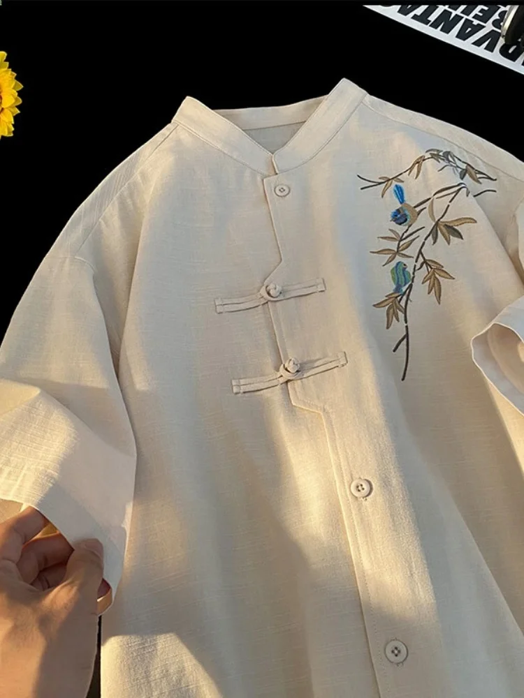 

Новая мужская летняя рубашка из хлопка и льна в китайском стиле с вышивкой, модный брендовый костюм Тан с воротником-стойкой на пуговицах