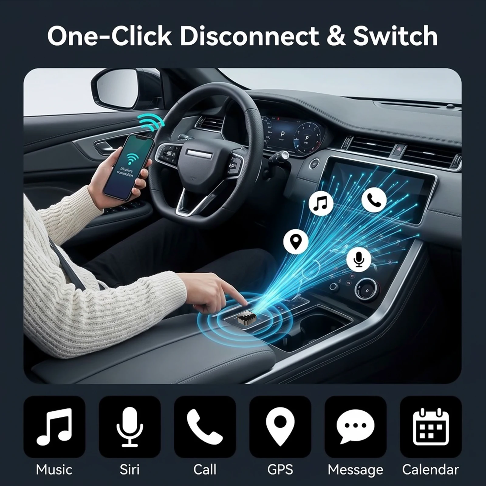 2 in 1 Wireless CarPlay Android Auto Adapter, Instant Auto Reconnect CarPlay Wireless Adapter, Lag-Free Stable Connection, Plug
