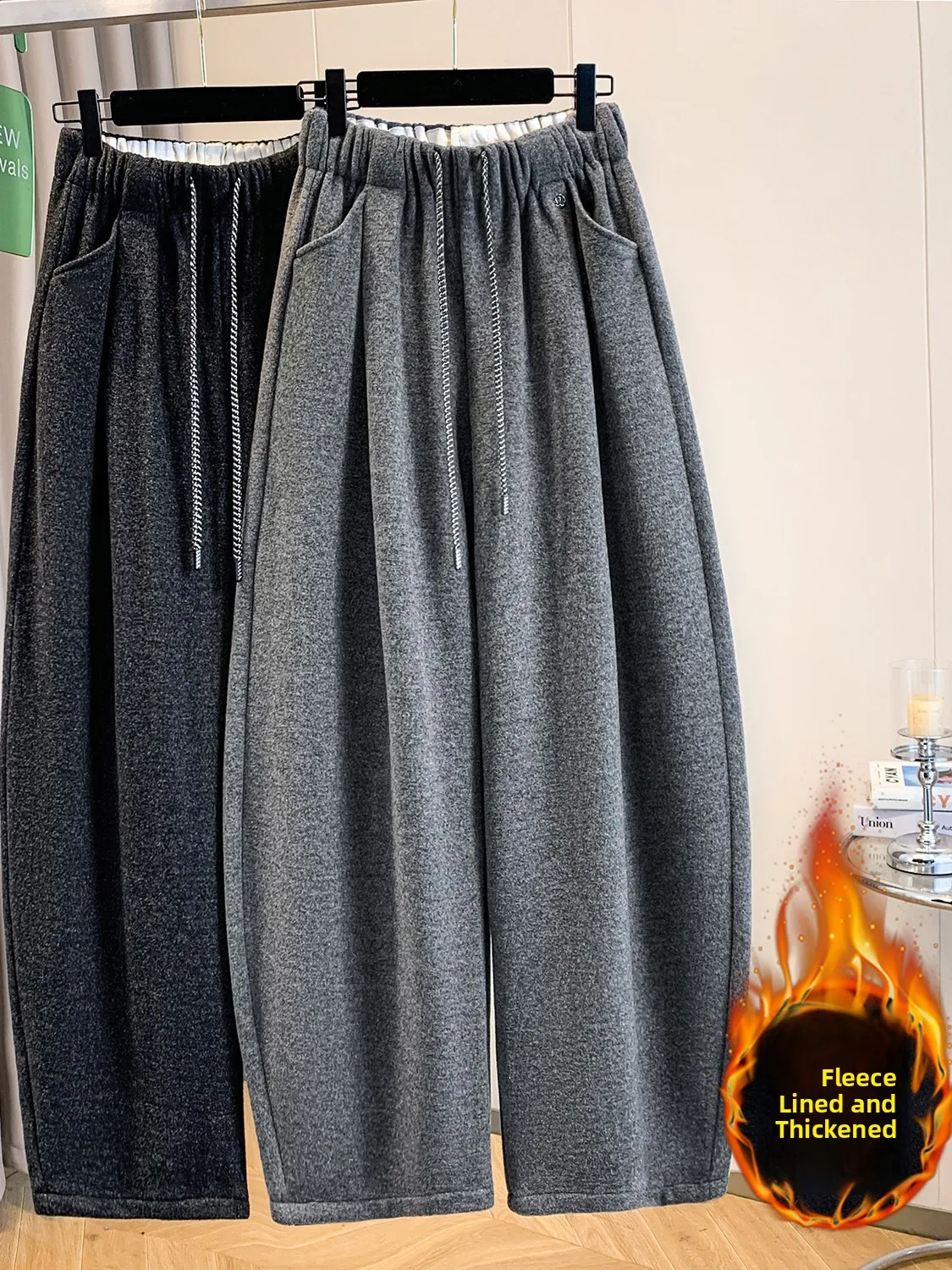 

Casual Woolen Pants High Waist Trousers for Women plus Size Commute Style Loose Fit Fleece Lined Wide Leg Pants