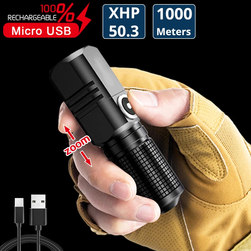 

Mini XHP50 LED Flashlight High Lumens USB C Rechargeable EDC Torch Zoomable Flash Light Built in Battery 3Modes Waterproof Lamp