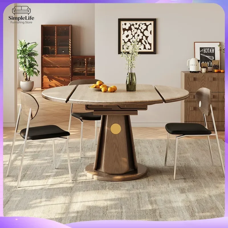 Solid Wood Sintered Stone Dining Table Extendable Modern Square Round Dual Purpose Space Saving Furniture for Small Apartment
