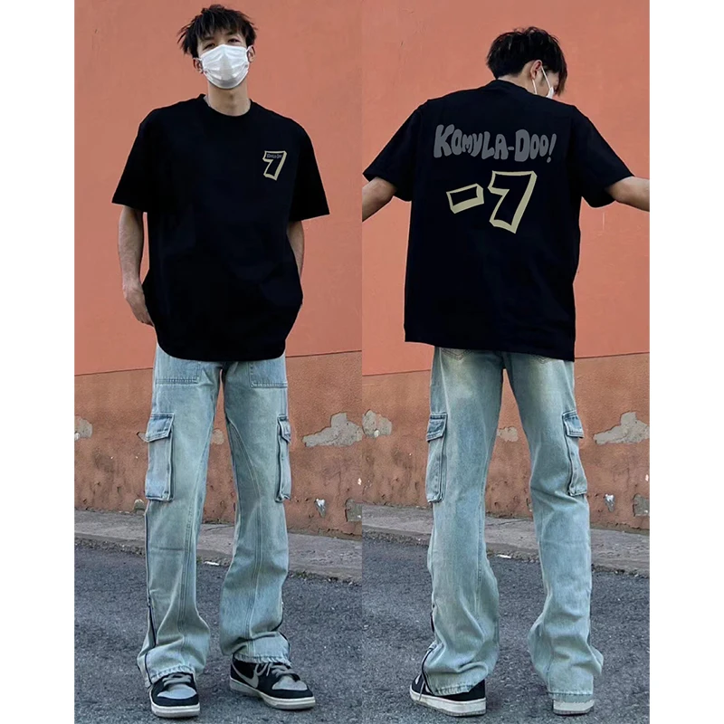 

Motorcycle Summer Pure Cotton Retro Trendy Printed Loose Trendy Brand Hip-Hop Half-Sleeved T-Shirt for Men