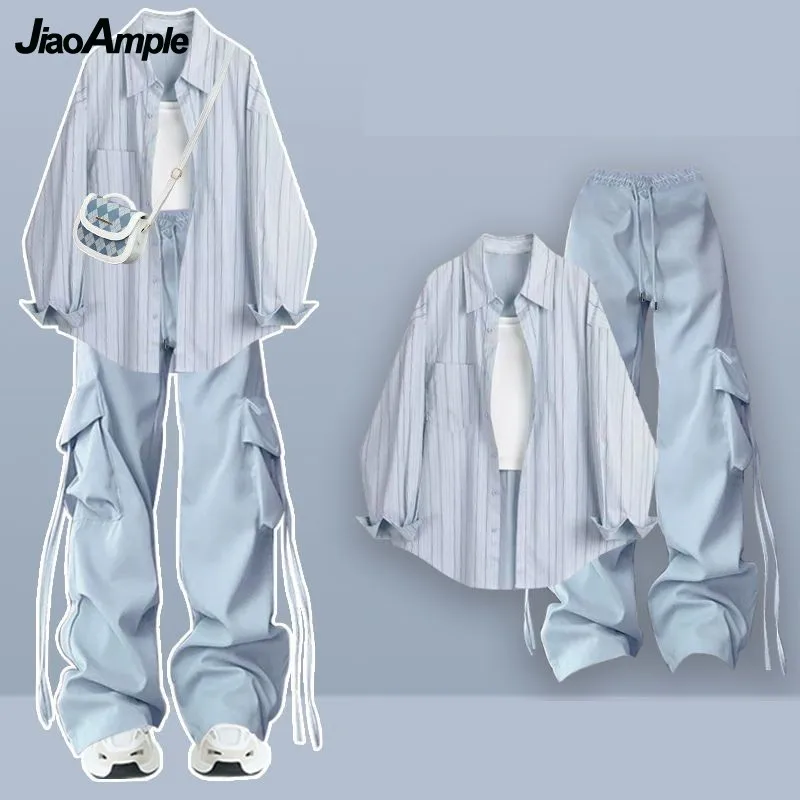 

2025 Women's Spring New Tracksuit Matching Set Korean Elegant Striped Long Sleeve Shirt+Strap+Loose Cargo Pants 3-Piece Suit