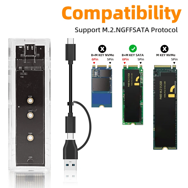 Caixa de disco rígido externo transparente, M.2 NVME, PCIe, NGFF, protocolo duplo SATA, caso SSD, transparente, USB tipo C, 10Gbps, PCI-E, M2, M2