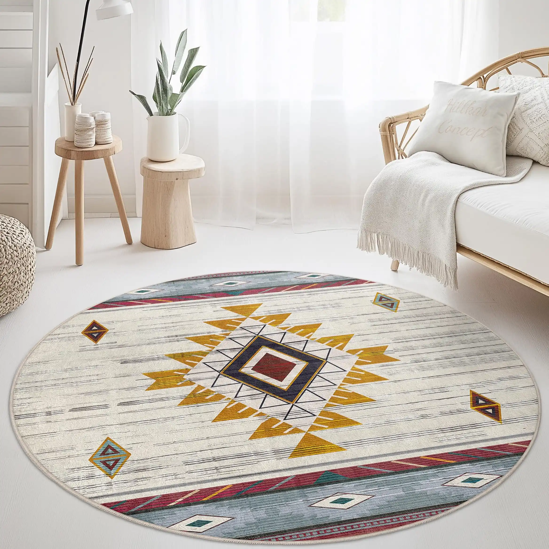 Boho Southwestern Round Area Rug Geometric Aztec Tribal Grey Circle Carpet Washable Non Slip Living Room Bedroom Decor