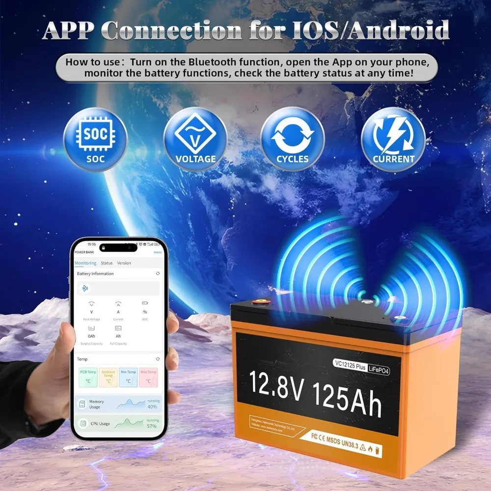 4Pack 12V 125Ah LiFePO4 Lithium Group 27 Battery 6000 Deep Cycles, Bluetooth APP and External Button, 1280W 100A BMS