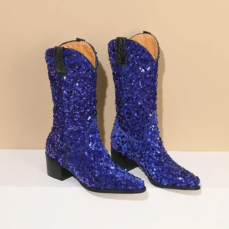 Bottes de cowgirl à enfiler mi-mollet pour femmes, bottes occidentales à paillettes, talons hauts et carrés, parka pointue, demi-bottes, or, rose, bleu, violet, bling