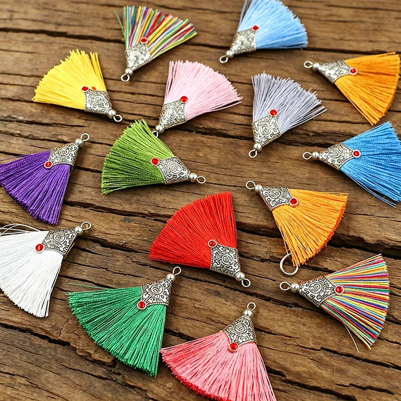 4/10Pcs Fan Shape Silk Tassels Metal Cap Tassel Charms DIY Jewelry Clothing Curtain Fan Pendant Home Decor Accessories