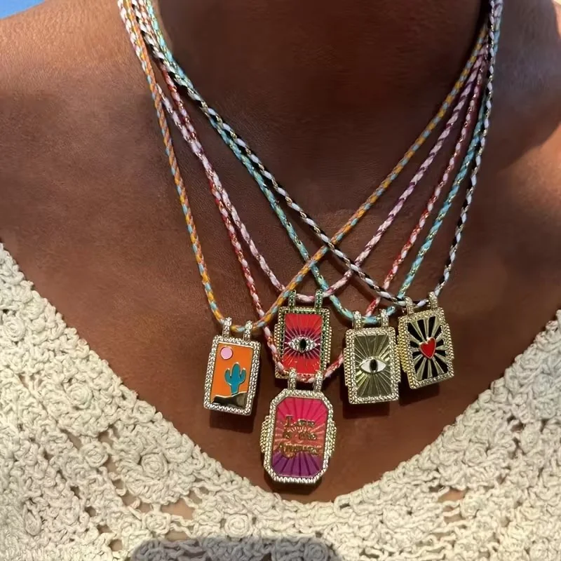 Stylish New Copper & Zirconia Pendant Necklace: Sun & Eye Tarot Design with Gradient Enamel Finish