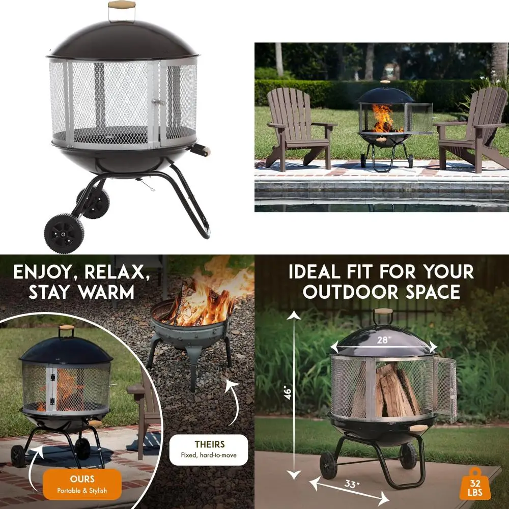 

01471 Fire Pit Bessemer Rolling Patio Fireplace Wooden Bonfire Porcelain Enamel Wood Burning with Wheels & Handle Grip for Outd