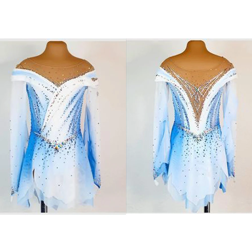 LIUHUO Figure Skating Dress Blue Round Neck Hook Sleeve Girl Diamond Competition Performance Training