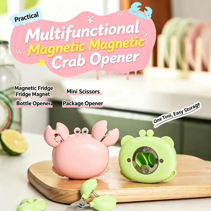 Cute Crab Shaped Multifunctional Bottle Opener With Magnetic Back Built In Mini Scissors Box Cutter For Home Kitchen Daily Use