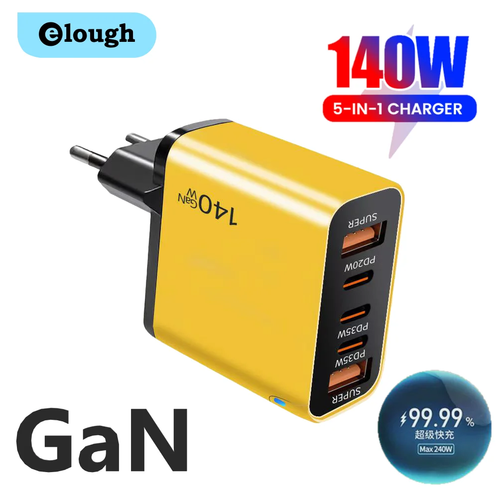 140 واط 5-Port Quick GaN شاحن 2USB + 3Type C شحن سريع شاحن الهاتف المحمول آيفون 15 16 17 سامسونج كمبيوتر محمول اللوحي