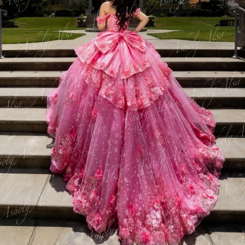 Customized Luxury Mexico Princess Girl Quinceanera Dress Off Shoulder Flower Applique Ball Gown Sweet 15 16 Birthday Party Prom