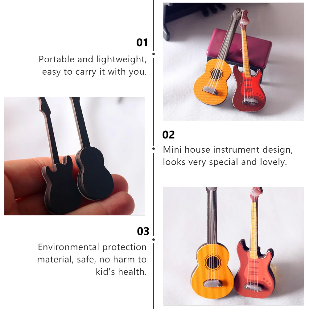 3 PCS Office Decor Classical Guitar Furniture Simulation Wooden Dollhouse Yellow Plastic Ornament