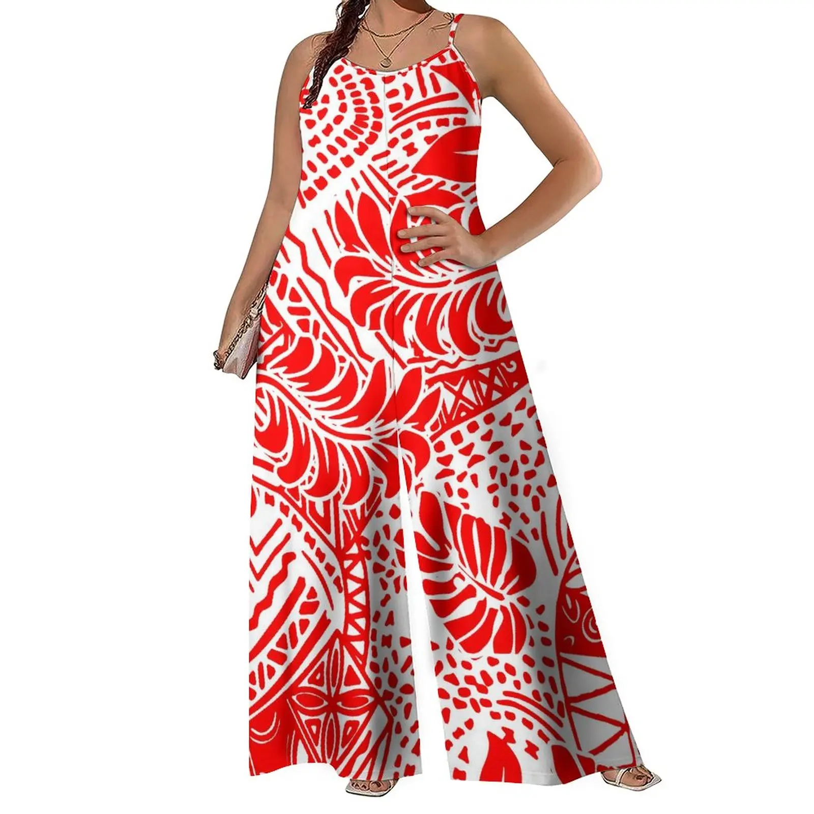 Spaghetti Strap Milk Silk Sleeveless Wide Leg Pants Big People 8XL Polynesian Sublimation  Green Print High Quality Rompers