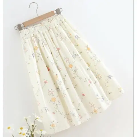 Spring and Summer Elastic Waist Skirt Women Medium Umbrella Skirt Small College Style Skirt for Women Apricot Color Small Floral