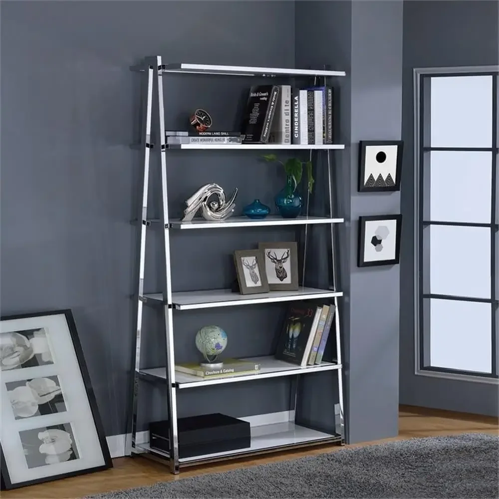 Coleen Leaning Bookcase in White High Gloss and Chrome