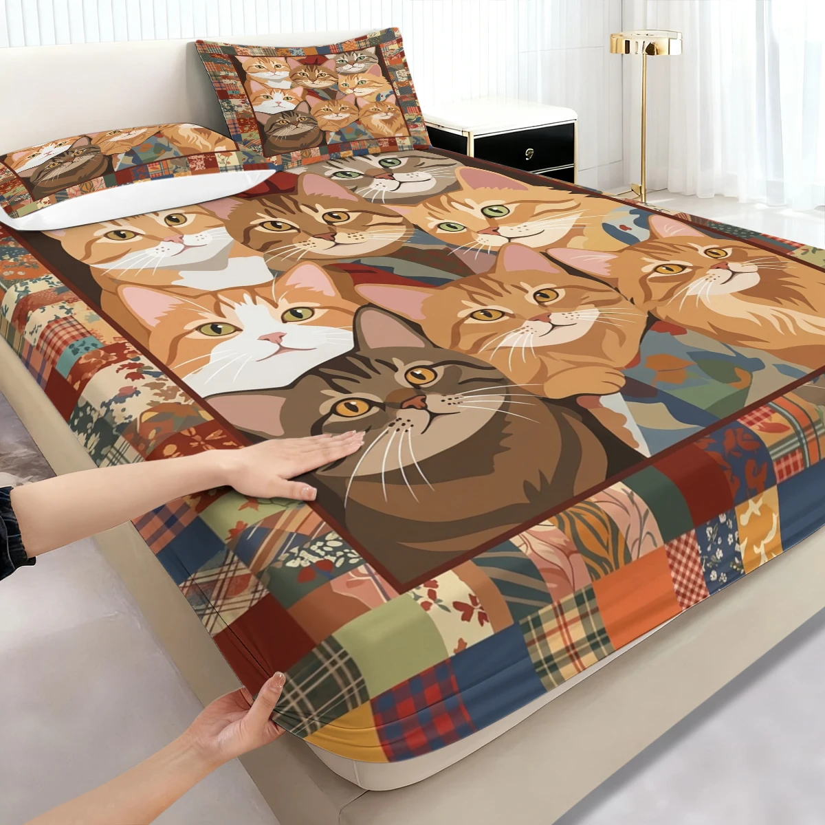 Retro Floral Plaid Patchwork Kitten Fitted Sheet 3PCS, Multi Breed Cat Portrait Pattern Elastic Mattress Cover with Pillowcases