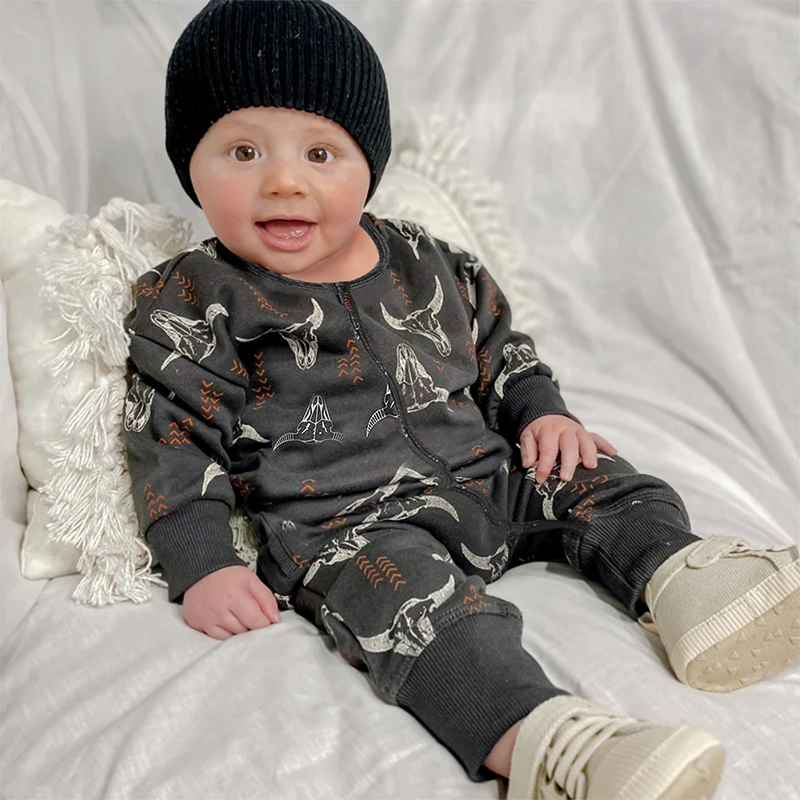

Newborn Baby Boy Girl Romper, Long Sleeve Round Neck Oblique Zipper Cartoon Ox Head Print Casual Spring Fall Long Jumpsuit