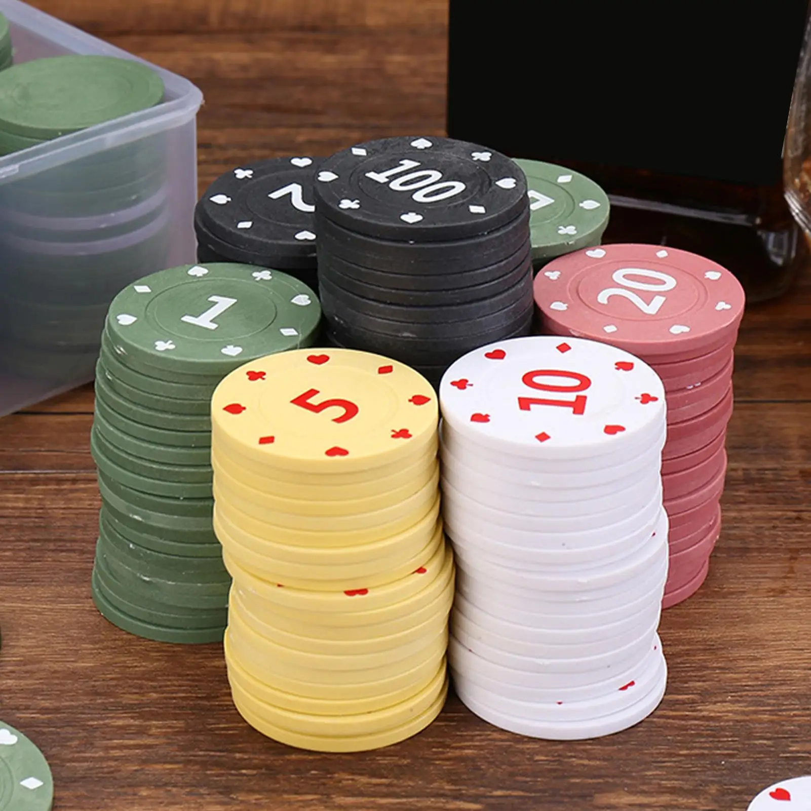 

Покерные фишки с цифрами, 100 шт., игровые принадлежности с коробкой для хранения, профессиональные покерные фишки для дома, путешествий, ночных турниров