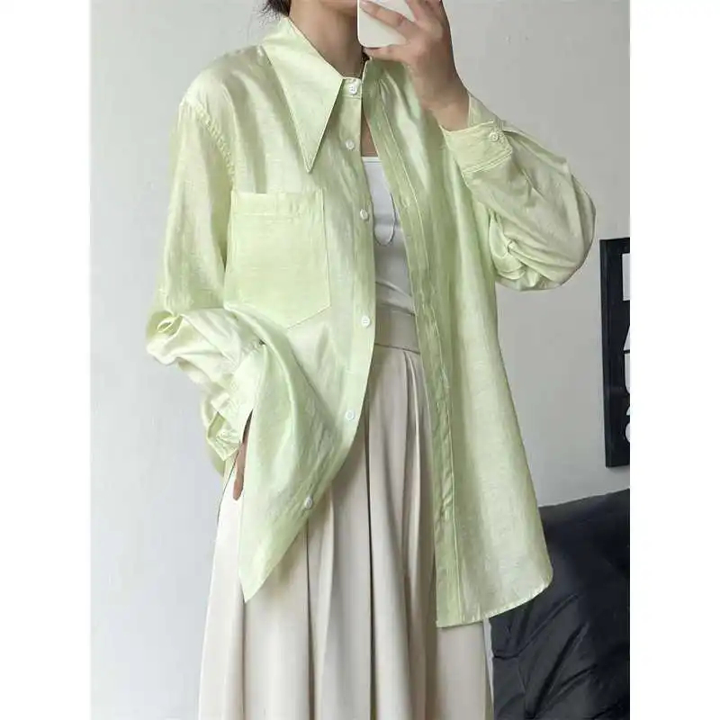 

Женская шелковая льняная рубашка Mengzi Xitian, тонкая, летняя, повседневная, из полиэфирного волокна, с длинным рукавом, с острым воротником, однотонная