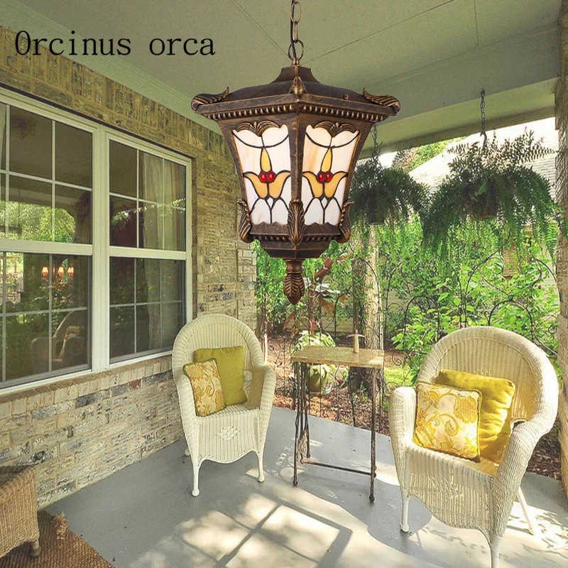 

American retro stained glass outdoor chandelier garden balcony European waterproof LED outdoor Chandelier free shipping