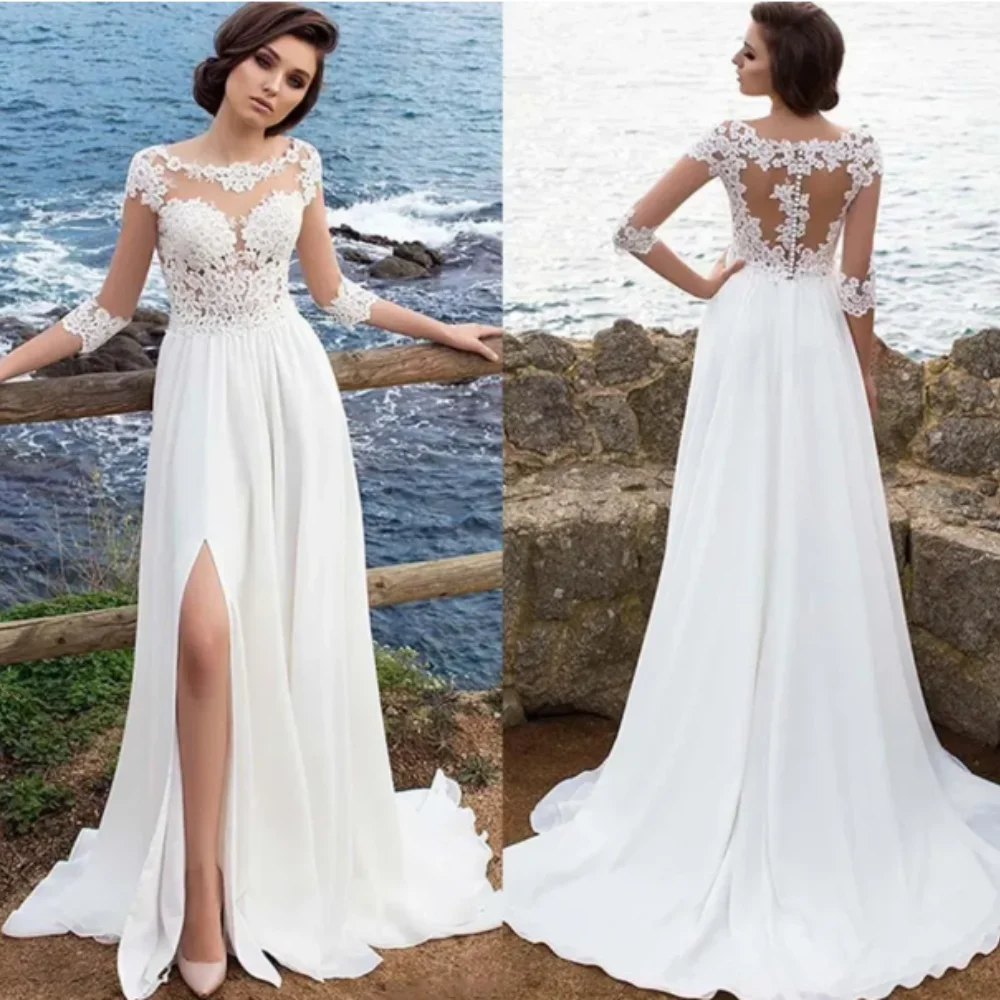 Dress Summer Bridal Gowns Beach Millanova 2024 Sexy Sheer Lace Appliqued A Line Wedding Dresses Half Sleeves High Split Chiffon