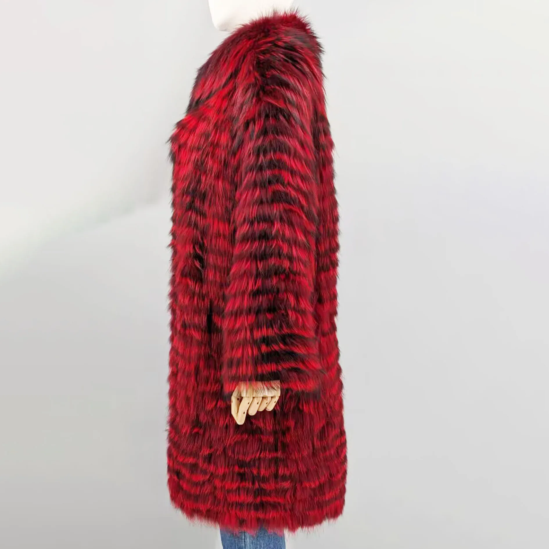 Women's Striped Real Silver Fox Fur Coat, Long Cardigen with Wool Lining, Big Size Clothes, Elegant Outwear, Spring, Lux18A09164