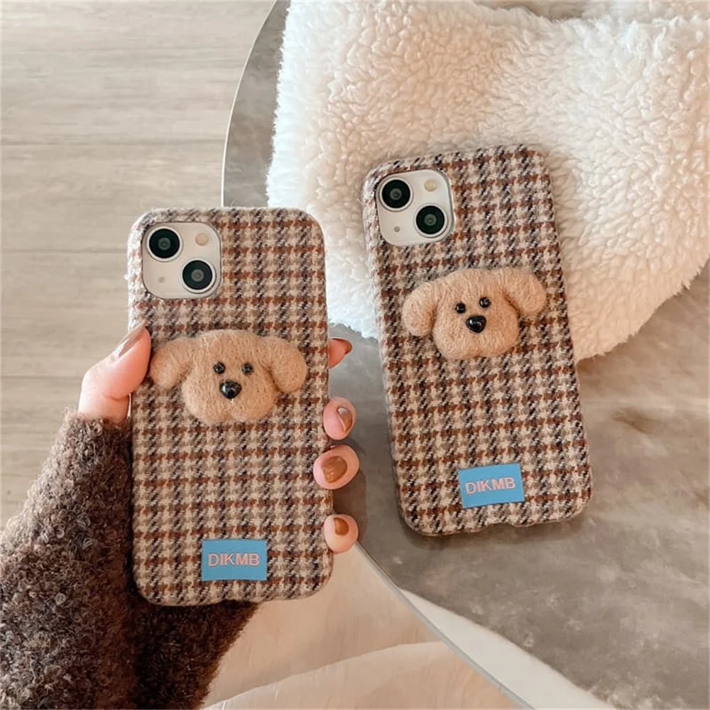 Fashion Cartoons lattice puppy plush Phone Case for iPhone 18 Pro 17 16 15 16 17 Pro 18 Pro Max Cute Cases Protective Cover