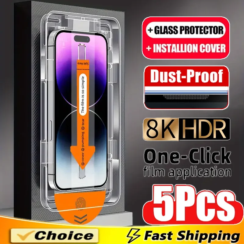

5Pcs Oleophobic Coating Dust Free Easy Installation Screen Protector For iPhone 14 15 16 11 12 13 17 Pro Max XR X XS 7 8 16 Plus