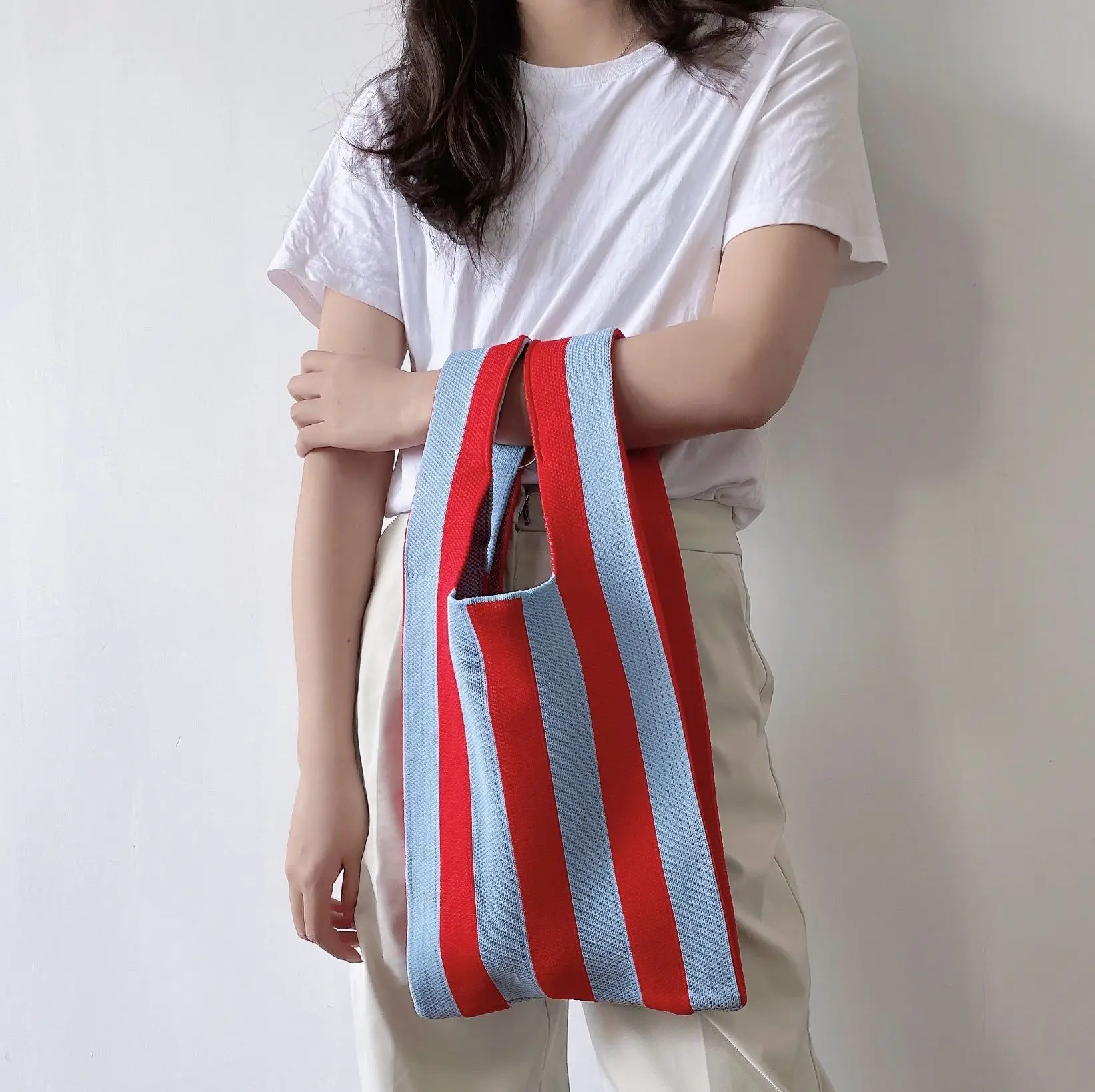 Summer Korean Handmade Knitted Handbag Women Mini Knot Wrist-bag Casual Stripe Tote Bag Fashion Student Reusable Shopping Bag