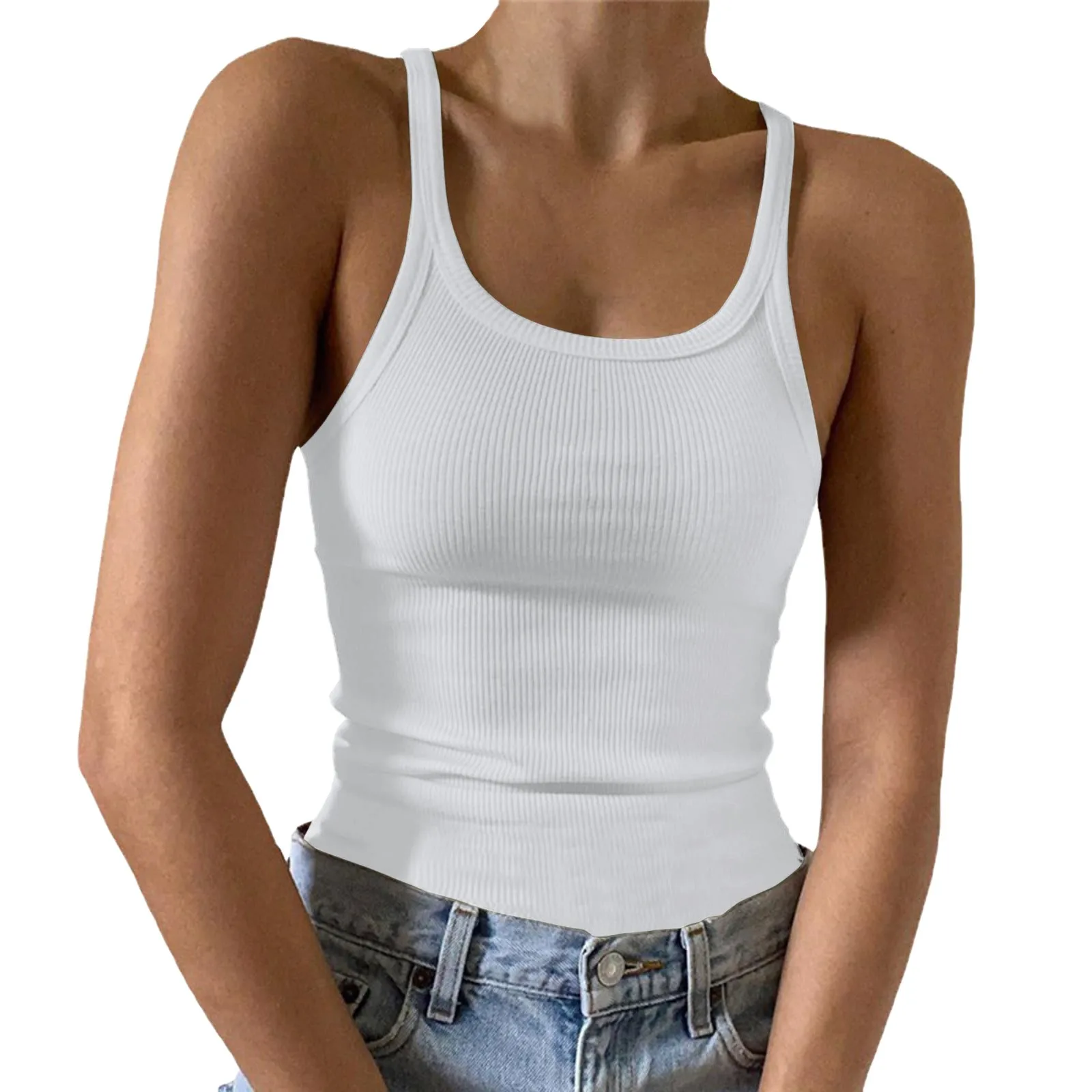 

Ladies Summer Casual Basic Vests Solid Color Slimming Fit Tanks Beach Vacation Classic Simplicity Round Neck Sleeveless T Shirt
