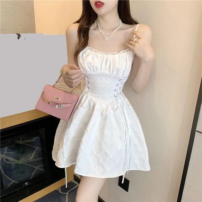 White Strap Skirt High Grade Summer New Sexy Collection Waist slimming temperament Black Dress Women's Wear