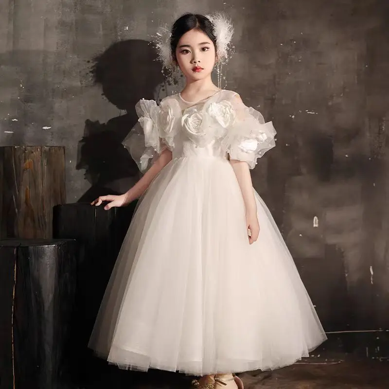 

Jill Wish Luxury White Girl Dress Handmade Flowers Arabic Princess Kids Wedding Birthday Party Long Pageant Gown 2025 J005 فساتي