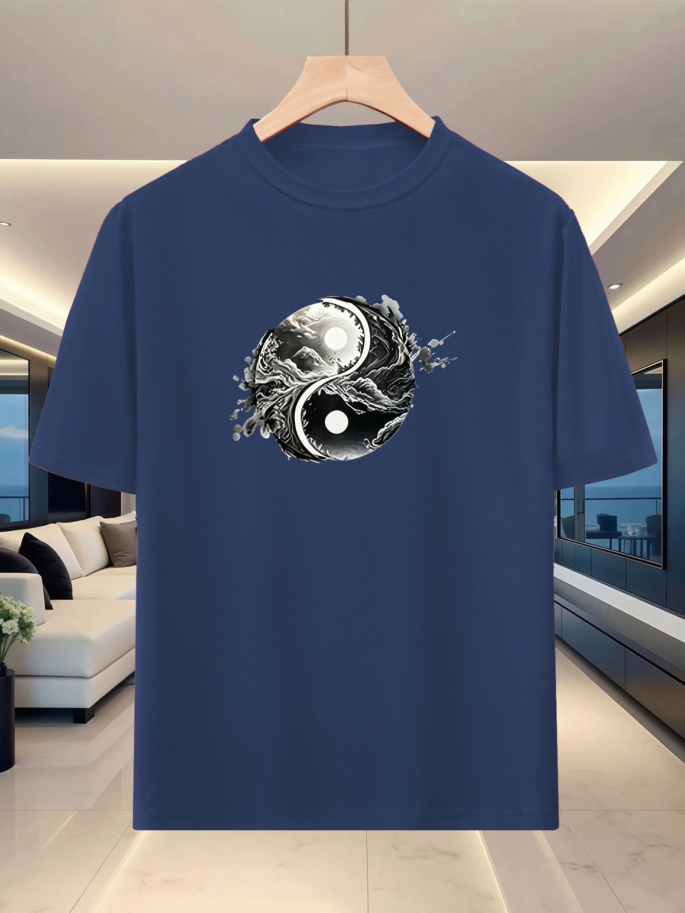 Comfortable and gentle men's loose silhouette T-shirt camping creative pattern printed casual shoulder top