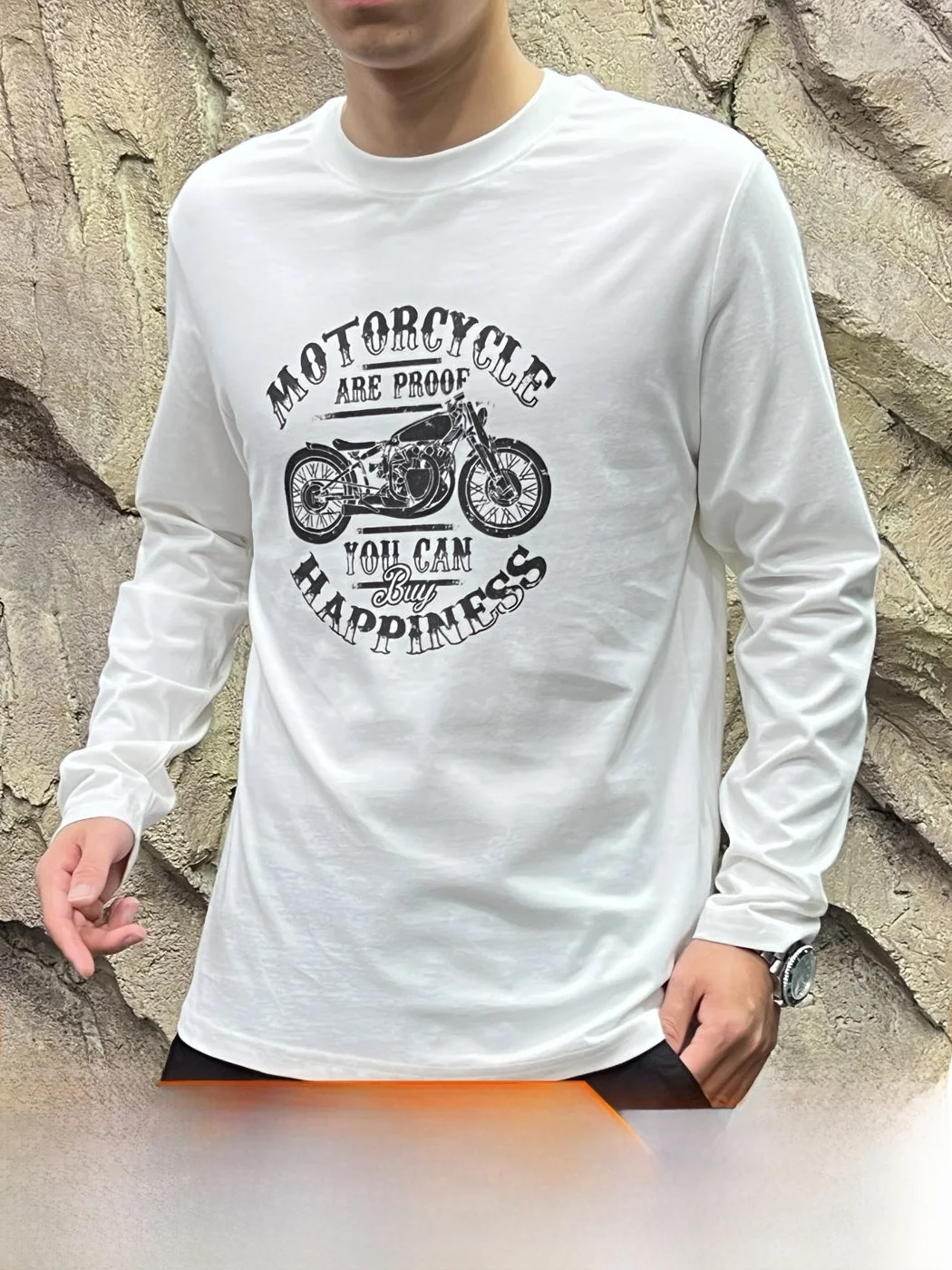 Skin-Friendly Breathable Long Sleeve Men's T-Shirt American Motorcycle Style No-Feel Technology Print Casual Cotton Top