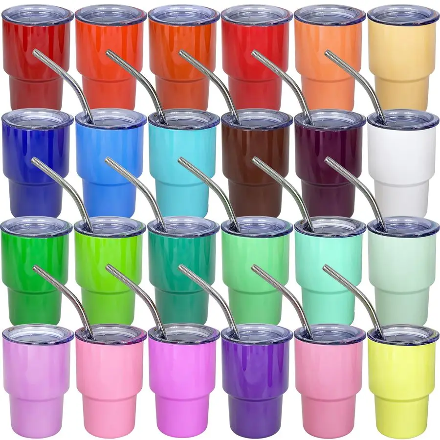 Vasos de chupito mini de 3 oz con pajita y tapa, paquete de 24 vasos de chupito de acero inoxidable para sublimación, ideales para bodas, fiestas, whisky y cócteles.