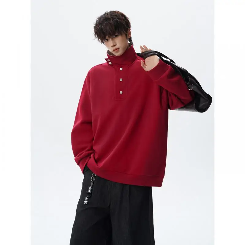 Men's Burgundy Stand Collar Henley Neck Sweatshirt Oversized Button Placket Pullover Korean Style Streetwear Top 2026 Clothings