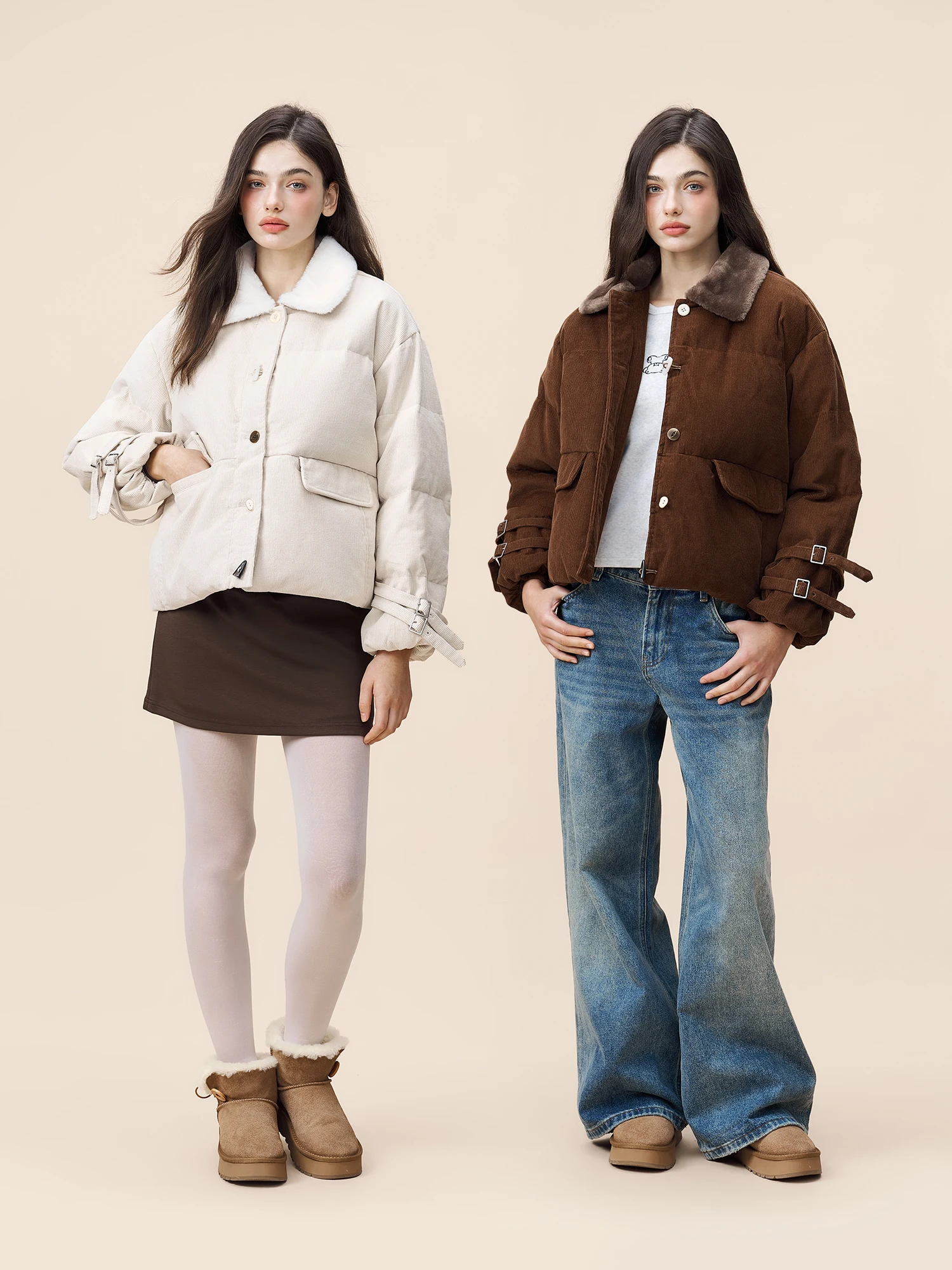 

Женская теплая верхняя одежда Yescci: пуховик с вельветовым воротником, модель S543004, новинка зимы 2025, стильный повседневный свободный крой, длинный рукав