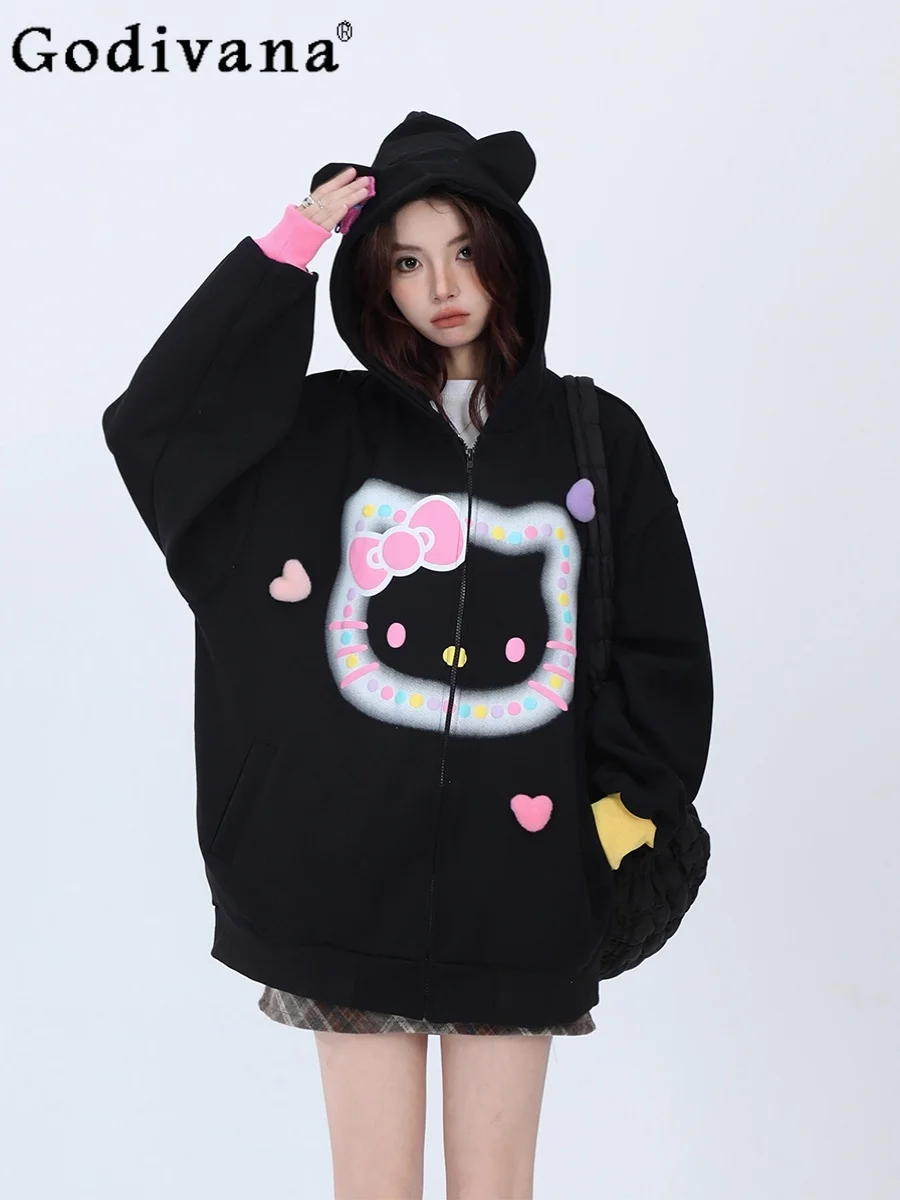 

Autumn New Fashion Cat Cartoon Sweatshirts Girly Sweet Cute Kawaii Loose Slimming Student Y2k Hoodies Women Elegant Clothes