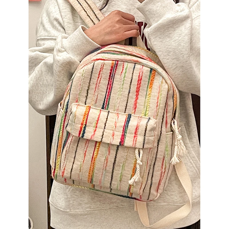 Mochila de algodón y lino con rayas verticales de arcoíris para mujer, bolso versátil de moda, gran oferta, 2024