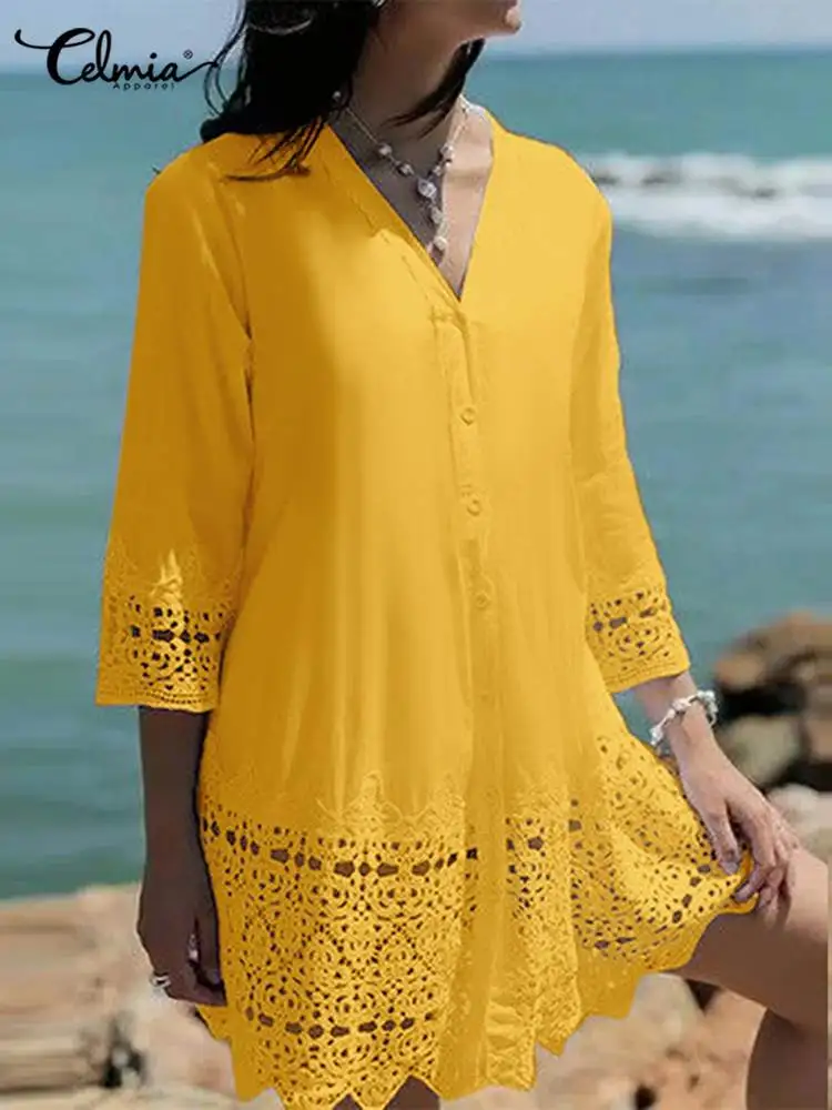 Celmia Women Hollow Out Lace Mini Dress Solid Summer Beach Blouse Short Vestidos Elegant Leisure V-neck 3/4 Sleeve Holiday Robe