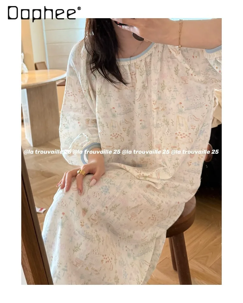 Korean-style Girl Long-sleeved Round-neck Wooden-earbud Nightgown with Frilly Sleeves Loose Comfortable Casual Women Homewear
