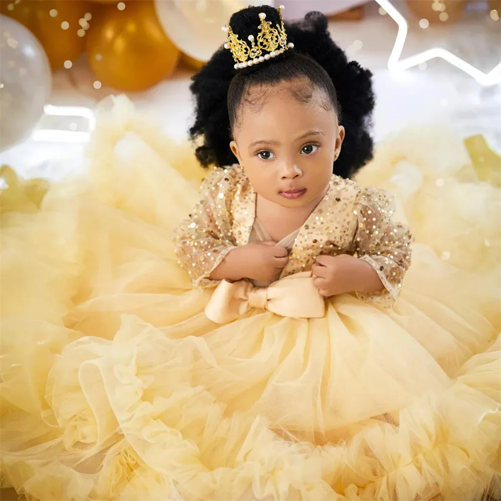 Robe de demoiselle d'honneur rose à paillettes, col en V, manches longues, tulle à plusieurs niveaux en dentelle, boule, quelle que soit la fleur, robe d'anniversaire